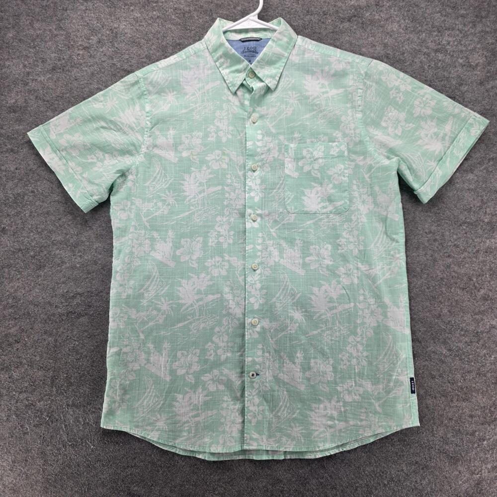 Izod Shirt Mens Medium Green Hawaiian Floral Button Front Cotton Casual